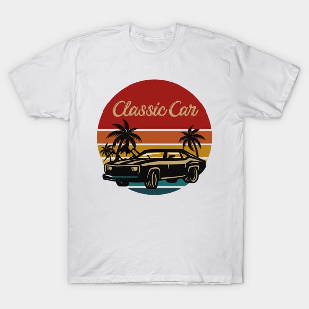classic car retro vintage aesthetic sunset circle with palms and